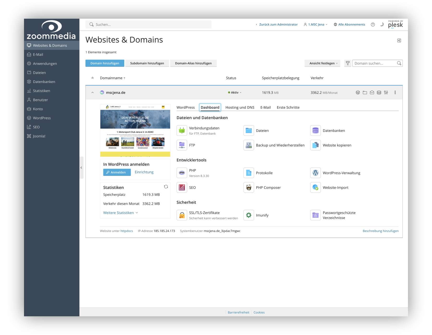 Dashboard für das Hosting bei zoommedia